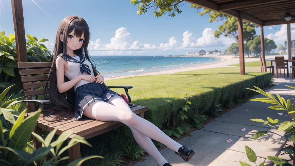 wallpaper, Clear face, (masterpiece), town, blue sky, One Girl, Place the person on the right, smile, alone, Sailor suit、Long skirt, Overgrown, petal, plant、Skirt lining、White slip、nostalgic、Grey pantyhose、I can see the ocean in the distance, Crotch close-up
