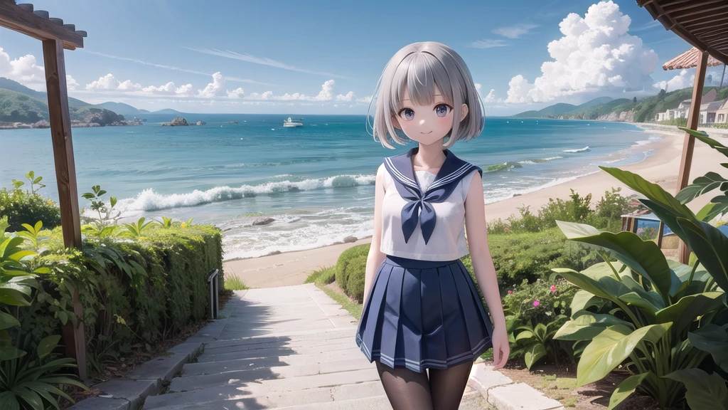 wallpaper, Clear face, (masterpiece),  town,  blue sky,  One Girl, Place the person on the right,  smile,  alone,  Sailor suit、Long skirt,  Overgrown,  petal,  plant、Skirt lining、White slip、nostalgic、Grey pantyhose、I can see the ocean in the distance, Crotch close-up