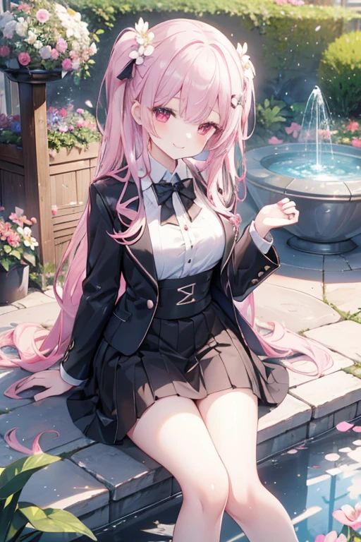 young girl, silvel-pink hair, red eyes, beautiful and detailed eyes, wide happy smile, ideal chest,black mini skirt, white shirt, black blazer, black stockings, flower hair ornament, (in the garden water fountains and flowers) stand 