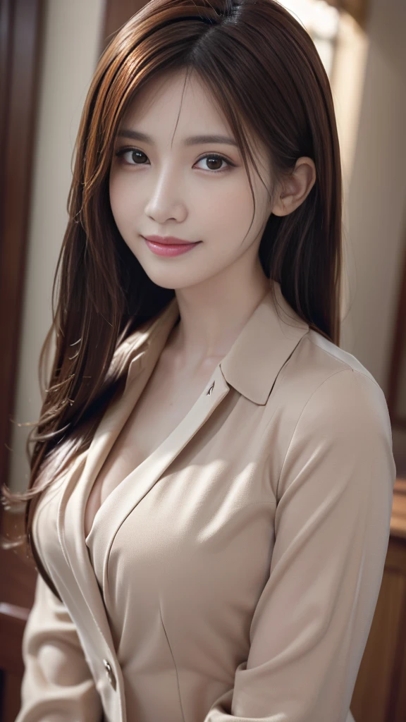 Tabletop, Highest quality, Realistic, Super detailed, In detail, High resolution, 8k wallpaper, One beautiful woman,, Light brown messy hair, Wearing a business suit, Sharp focus, Perfect dynamic composition, Beautiful attention to detail, Fine hair, Detailed and realistic skin texture, smile, Close-up portrait, Model Body Type