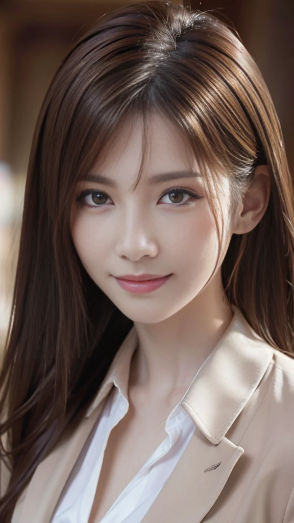 Tabletop, Highest quality, Realistic, Super detailed, In detail, High resolution, 8k wallpaper, One beautiful woman,, Light brown messy hair, Wearing a business suit, Sharp focus, Perfect dynamic composition, Beautiful attention to detail, Fine hair, Detailed and realistic skin texture, smile, Close-up portrait, Model Body Type