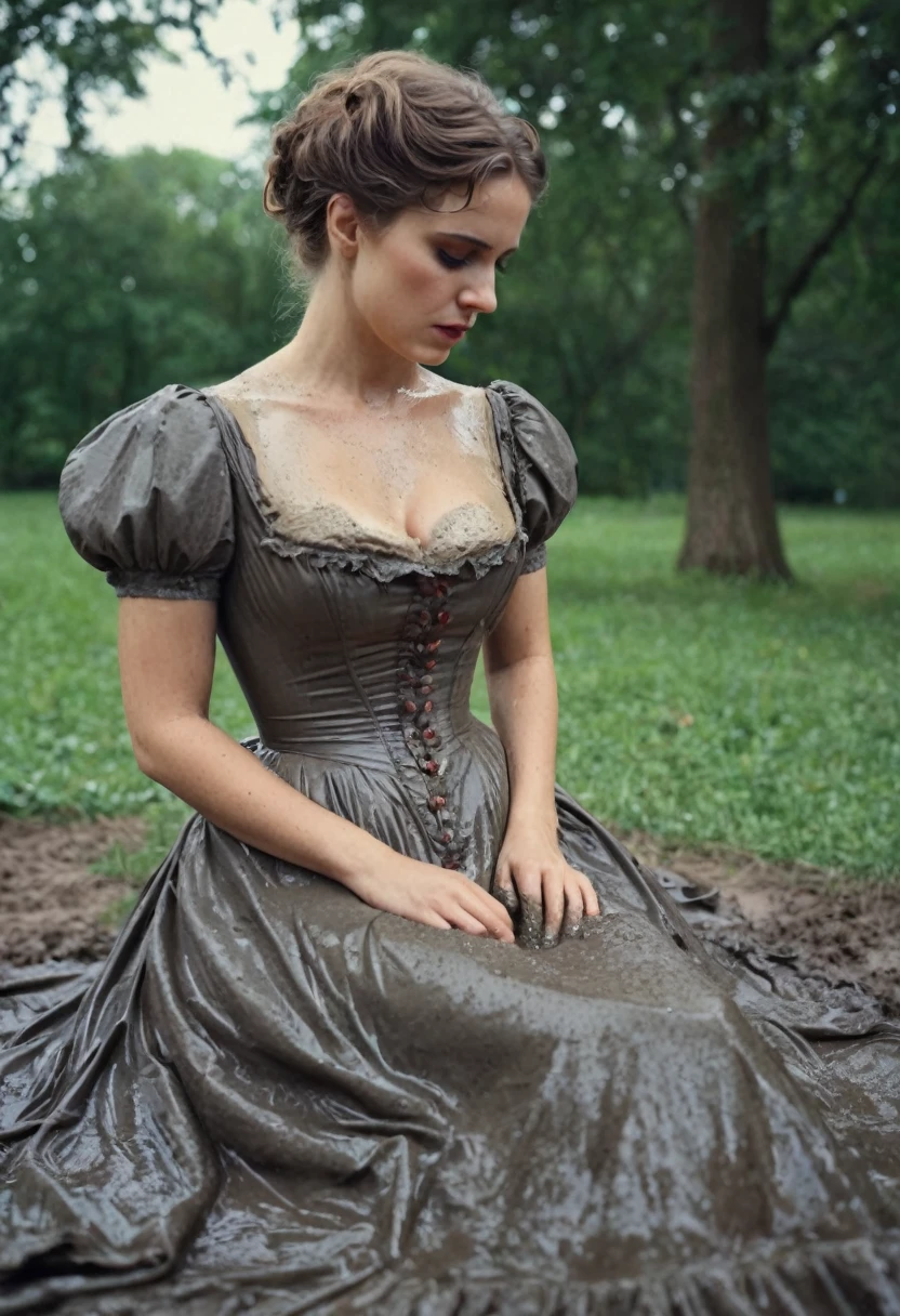 close-up, helpless shy ordinary woman, high waist covered in mud, flared (Victorian dress), deeply sitting on her back in the park, caught in a sexual fetish session, wet clothes, 19th century photo, deep focus, vintage film grain, color correction retro style, soft lighting, ((exposed butt))