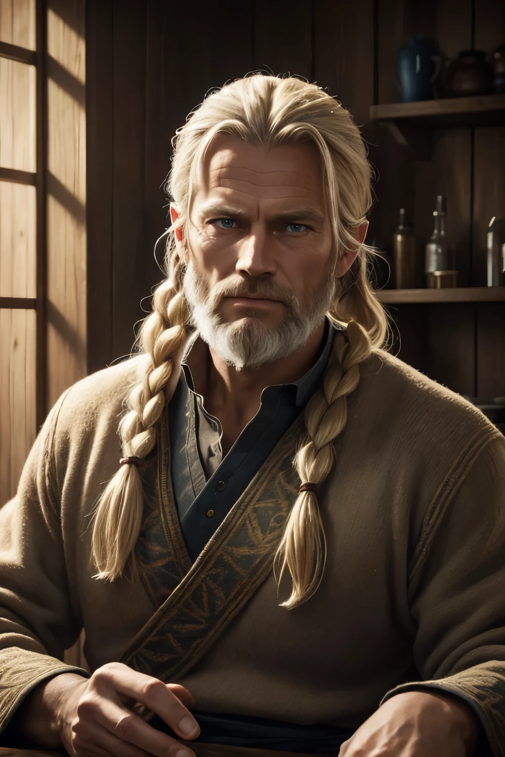 a handsome 40 year old northman,long blonde ponytail,unshaved,blue eyes,beige tunic in nordic style,funny,sympathetic,nordic viking inn,(best quality,4k,8k,highres,masterpiece:1.2),ultra-detailed,(realistic,photorealistic,photo-realistic:1.37),hyperrealism,highly detailed,intricate details,dramatic lighting,vibrant colors,chiaroscuro,cinematic composition,muted tones