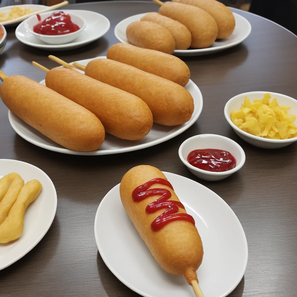 「Generate a photo of a delicious hot dog。Hot dogs have the following characteristics::
Juicy sausage sandwiched between bunsています。
The buns are slightly browned.、Plump。
Ketchup and mustard are put on the hot dog。
Pickles and potato chips are served on the side.。
The background is a casual restaurant atmosphere.、There is bright lighting。
Further concrete examples are given below:
Hot dog drawing: Juicy sausage sandwiched between buns、Beautifully drizzled with ketchup and mustard。The buns are golden brown.、It's fluffy。
Background and environment: Bright casual dining room or picnic scene。Other dishes and drinks should be visible on the table.。
Garnish: The hot dogs are served with crispy potato chips and fresh pickles.