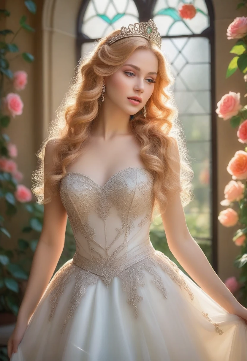 princess in blissful languor, beautiful detailed eyes, beautiful detailed lips, flowing gown, dreamy expression, golden hair cascading down, sparkling tiara, strawberry blonde curls, royal palace, soft sunlight filtering through stained glass windows, exquisite chandelier lighting, romantic atmosphere, vibrant colors, Mediterranean garden, fragrant flowers in full bloom, fountain with dancing water, whispering breeze, whimsical butterflies fluttering around, faint sound of birds chirping, lush greenery, ivy-covered trellis, endless rows of blooming roses, Prince Charming's irresistible presence, anticipating love and happiness, (best quality, 4k, 8k, highres, masterpiece:1.2), ultra-detailed, (realistic, photorealistic, photo-realistic:1.37), romantic portrait style, soft pastel color palette, dreamy lighting, ethereal ambiance