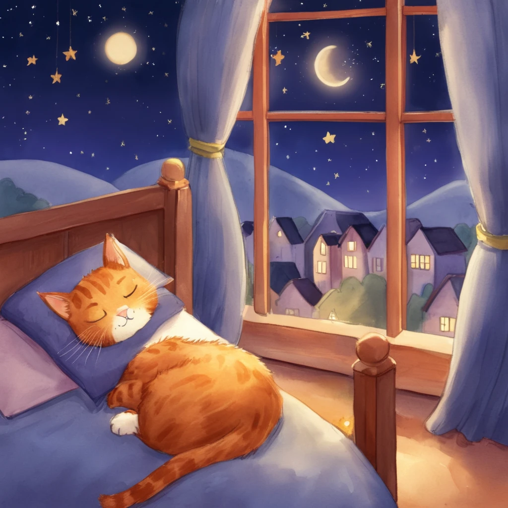 sleepy cat, Clear night, bedroom view, bedtime, relax
,Children's books, Children's RedmAF,