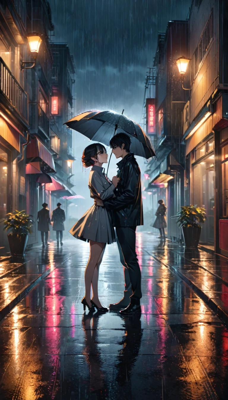 a couple gazing into each other's eyes under a grey-black umbrella on a rainy evening, beautiful  detailed eyes and face, intimate romantic full body shot, moody atmospheric lighting, cinematic, dramatic, vibrant colors, high contrast, 8k, best quality, masterpiece