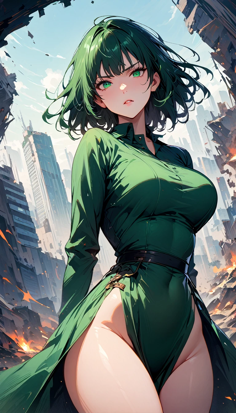 (high quality, 8k, 4K, high contrast, artwork:1.2, high quality, best aesthetics), (dynamic angle), ((1 woman)), erotic, sensual, mature body, super detailed, beautiful face detailed, beautiful eyes detailed, detailed beautiful mouth, sexy body, perfect breats, perfect wide thighs, (short wavy dark green hair), (dark green eyes), (serious facial expression), (long green dress with exposed thighs and long sleeves), (standing in an upright and centered posture), (city in destruction in the background), (looking at the viewer).