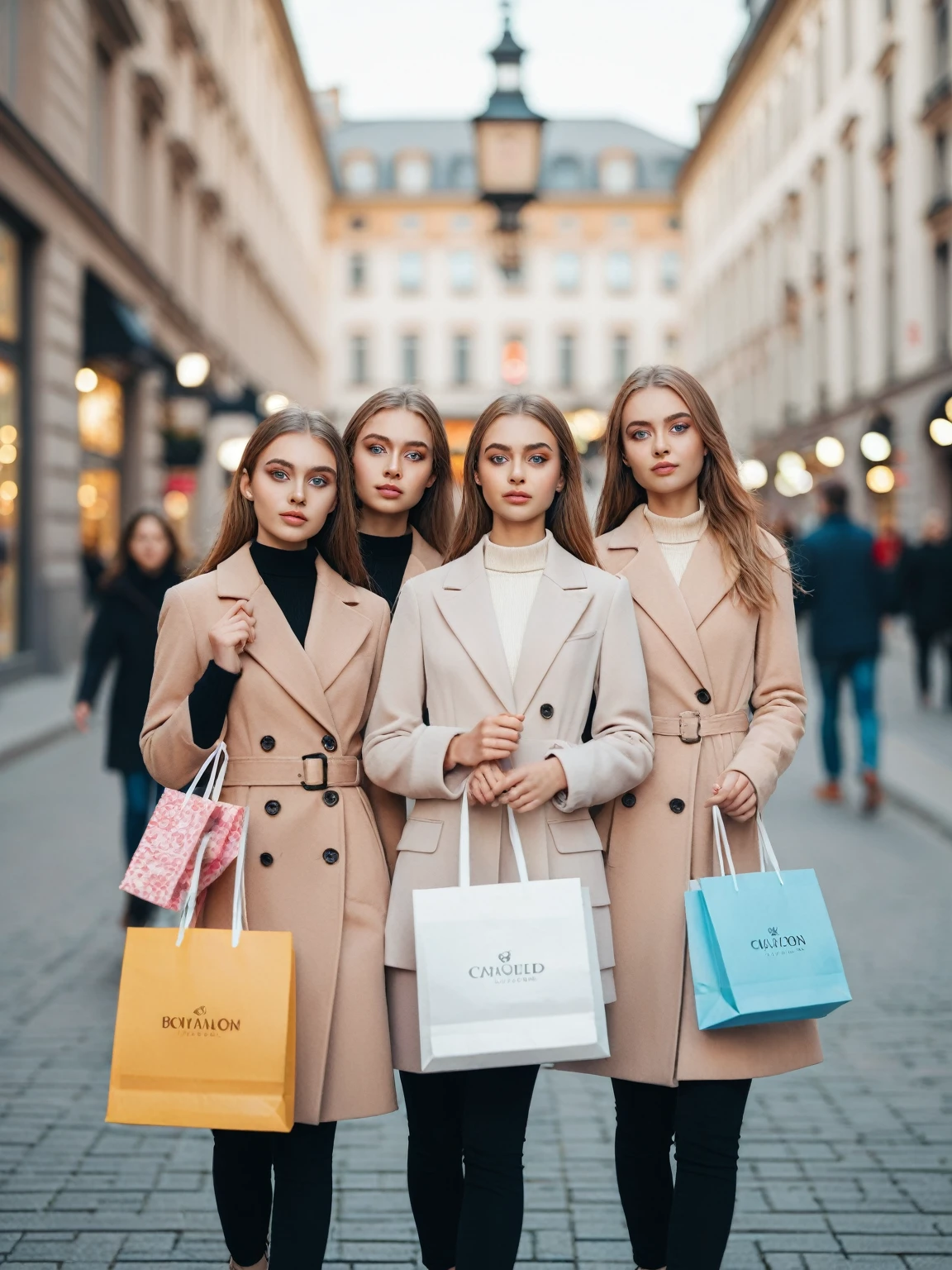 3 girls, cute model,perfect eyes, Beautifully expressive eyes that are highly detailed., Detailed eyes, 35mm photo, film, Bokeh, professional, 4K, Highly detailed dynamic lighting, realistic, 8K, raw, rich, complicated details,Walking down the street with shopping bags,Half-body view
