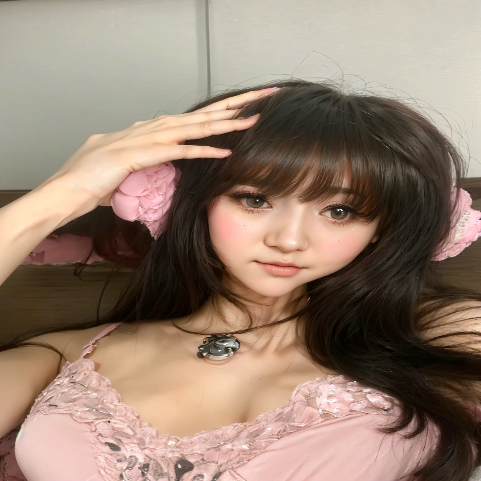 arafed woman in a pink dress and pink headphones posing for a picture, very beautiful cute catgirl, ultrarealistic sweet bunny girl, girl cute-fine-face, fluffy bangs, belle delphine, anna nikonova aka newmilky, with long hair and piercing eyes, ilya kuvshinov with long hair, cute - fine - face karina aespa 