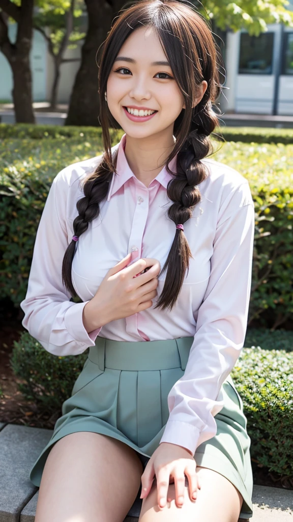 Raw photo、Ultra-realistic、Ultra detailed face、Detail lips、Detailed eyes、High school girl smiling showing her teeth、Long Hair:1.1、chest、Visible curves、Laughing with your mouth open 、Tokyo city角、 Whole body、( Slender body)、(Long Hair)、Big Breasts、Idol、(pastel colour)、18-year-old、Small face、Braid、 Tokyo city、Long beautiful legs 1.2、Curved waist、flower、uniform、blouse、Wide forehead