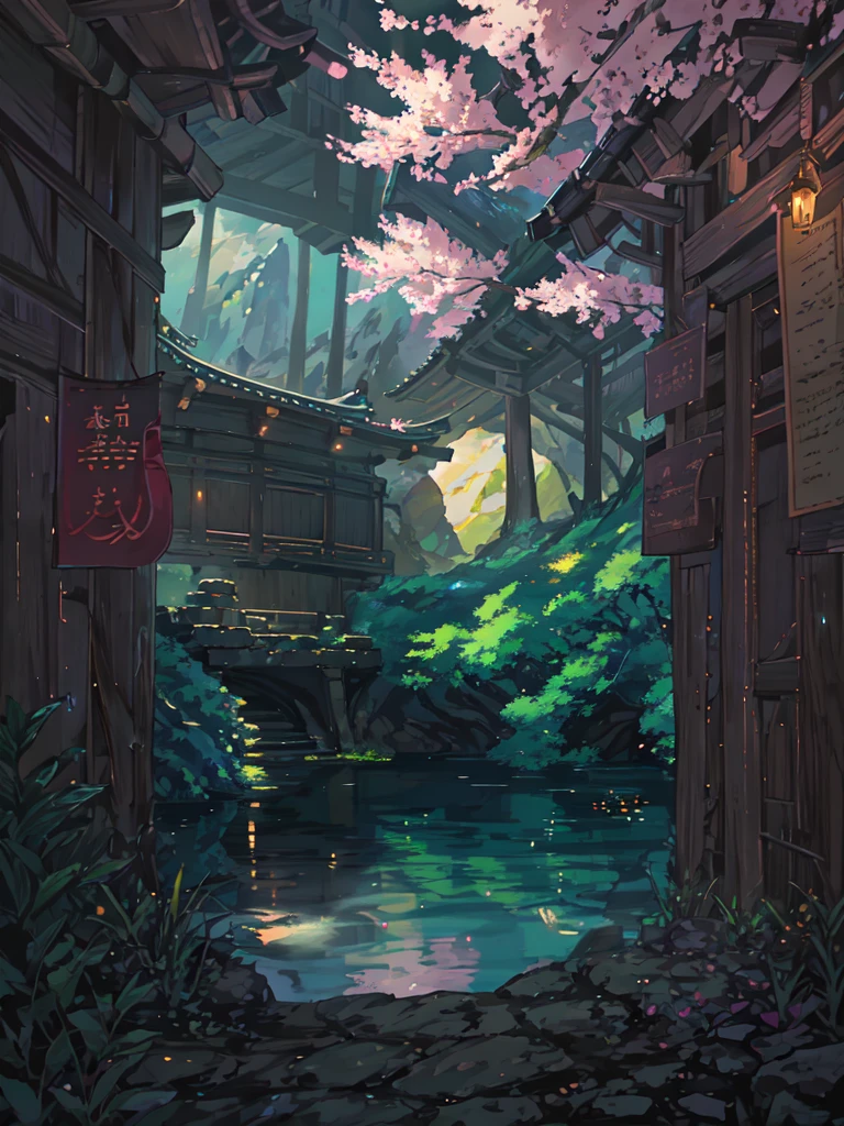 Nighttime, Moonlit night, dark sky, china ancient, spring, jungle, lake, cave, waterfall, tree, grassland, rock, deer, hot spring, vapor, small oriental building, (illustration: 1.0), Narrative composition, realistic lighting, HD detail, masterpiece, best quality, (Highly detailed CG integrated 8k wallpaper)