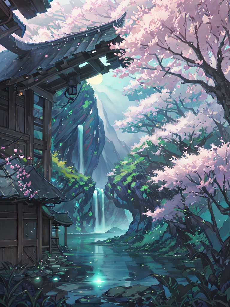 Nighttime, Moonlit night, dark sky, china ancient, spring, jungle, lake, cave, waterfall, tree, grassland, rock, deer, hot spring, vapor, small oriental building, (illustration: 1.0), Narrative composition, realistic lighting, HD detail, masterpiece, best quality, (Highly detailed CG integrated 8k wallpaper)