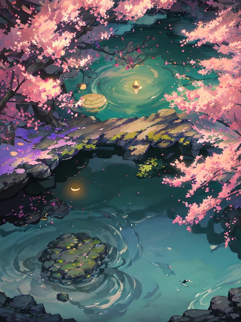 Nighttime, Moonlit night, dark sky, china ancient, spring, jungle, lake, cave, waterfall, tree, grassland, rock, deer, hot spring, vapor, small oriental building, (illustration: 1.0), Narrative composition, realistic lighting, HD detail, masterpiece, best quality, (Highly detailed CG integrated 8k wallpaper)