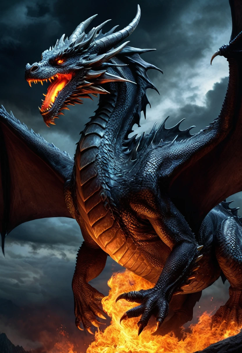 (best quality, highres, ultra-detailed:1.2), (realistic:1.37), horror, dragon, flying, ominous sky, breathing fire, detailed face, scaly skin, sharp claws, intense gaze, dark atmosphere, fiery breath, monstrous creature, threatening presence, vivid colors, nighttime, menacing, terrifying, nightmarish, mythical, beast, night sky, ominous, fire, grim, foreboding, majestic dragon, ominous dragon, menacing dragon, scary dragon, dark dragon, terrifying dragon, nightmarish dragon, fire-breathing dragon, evil dragon