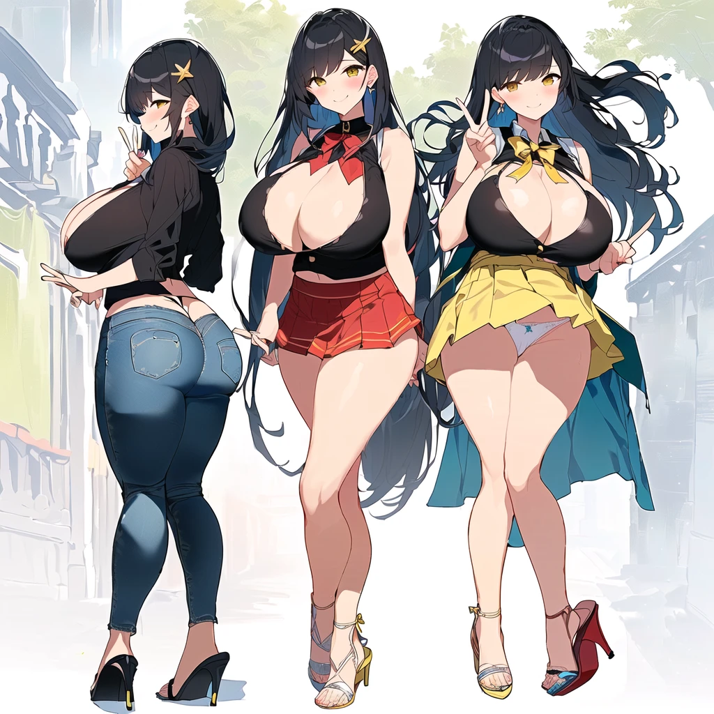 ((black paper gal, gigantic , huge breastscleavage, whits, yellow skirt in the wind, thick thighs, sandals, peace sign, Sex, bitch))((Black Paper Galgantiast、Big Breasts、Cleavage、White pan yellowtering in thhighs、Sandals、pgn、Sex、Bitch、Black Hair、Butt、denim、Thighs、Stiletto heels、Female college dentng winds、Naughty e))