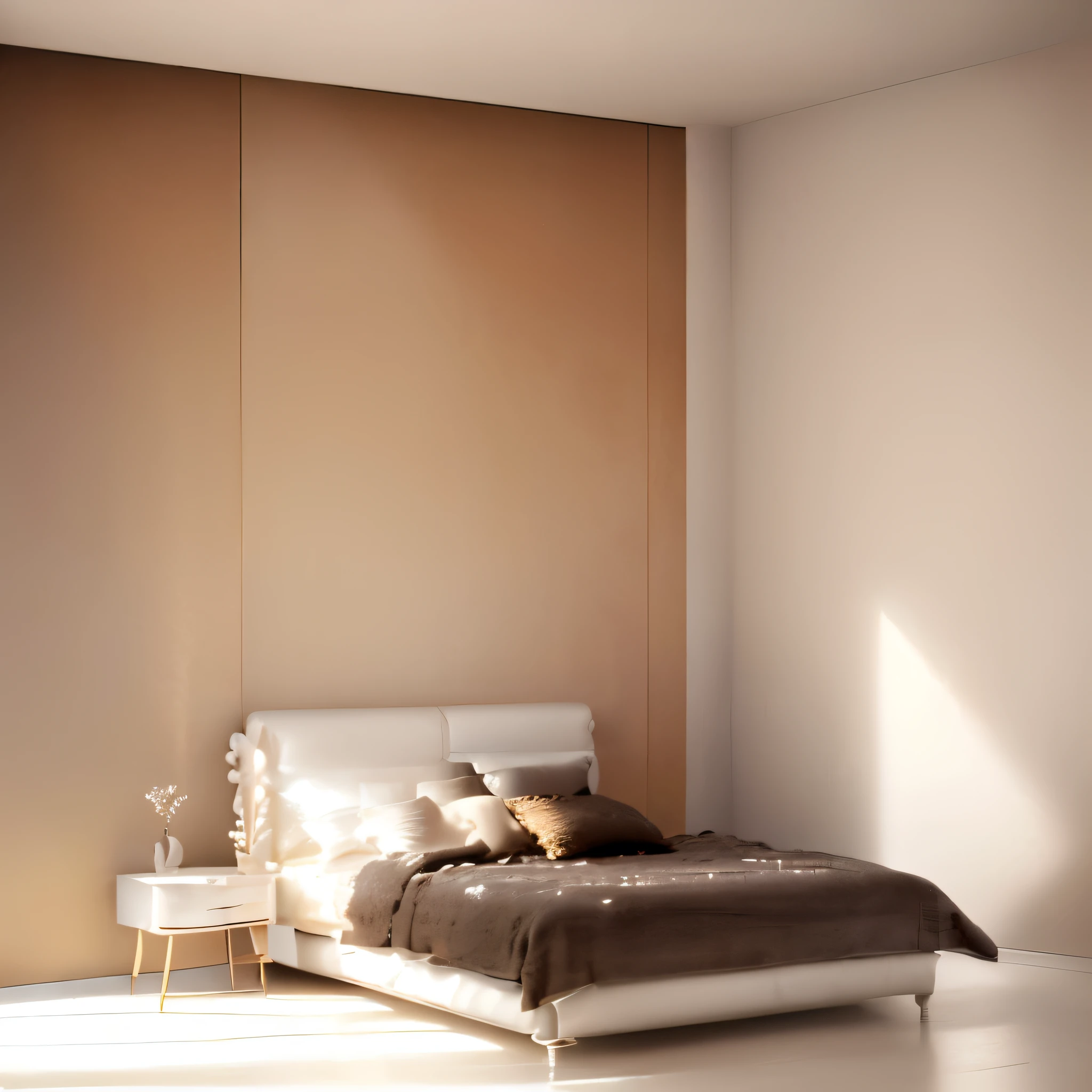 there is a floor with a white headboard and a night stand, floors, floor, white floor, simple, un made floor, Dreamy softness, intense fantasy, ocher, floor on the right, floor is not made, Synthetic, product photo, small floor not made, Sleep, White soft leather model, decorate,