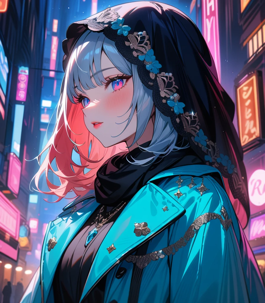 57 masterpiece, girl (( Highly detailed, high resolution, best quality )) Scarf, hijab, black dress, neon cyan coat, breathtaking, elegant, rosy cheeks, reddish lips, crystal eyes, bright lights, bright peach neon heart