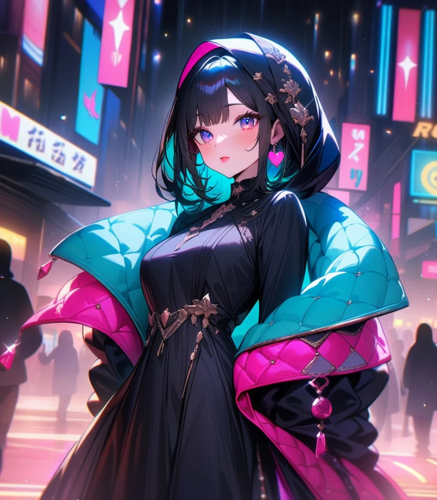 
57 masterpiece, girl (( Highly detailed, high resolution, best quality )) Scarf, hijab, black dress, neon cyan coat, breathtaking, elegant, rosy cheeks, reddish lips, crystal eyes, bright lights, bright peach neon heart