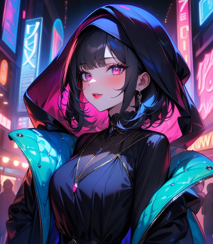 57 masterpiece, girl (( Highly detailed, high resolution, best quality )) Scarf, hijab, black dress, neon cyan coat, breathtaking, elegant, rosy cheeks, reddish lips, crystal eyes, bright lights, bright peach neon heart