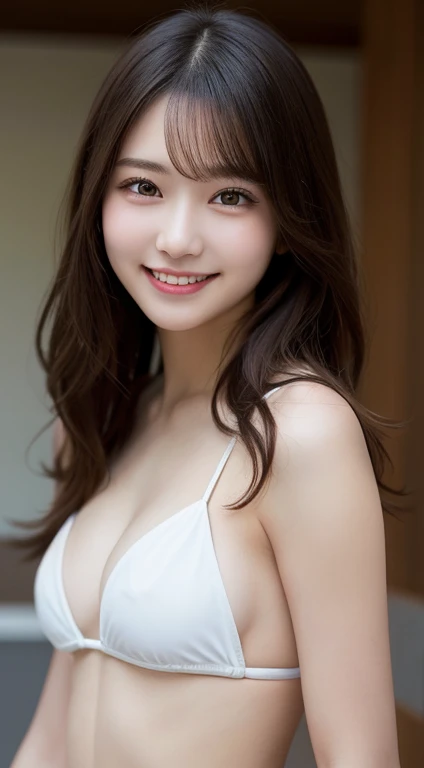 a beautiful young woman in a white bikini, long hair, small breasts, natural colors, smiling, looking at the camera, detailed face and eyes, high resolution, 8k wallpaper, perfect dynamic composition, highly detailed tabletop, illustration, ultra detailed