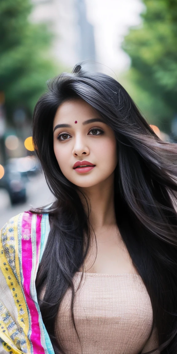 (((desi girl))), chubby face, natural skin, wearing hot deep neck top and dupatta, charming black hair, (( beautiful long hairs, crazy long hairs, super long hairs, long hair, crazy long hairs, super long hairs)), city streets background, bokeh