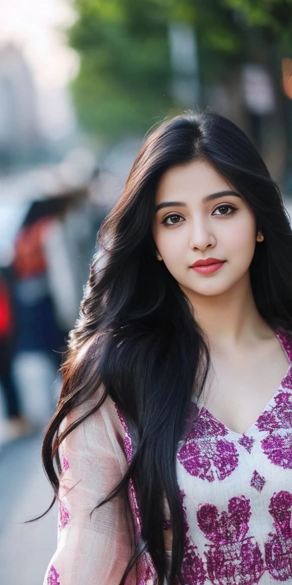 (((desi girl))), chubby face, natural skin, wearing hot deep neck top and dupatta, charming black hair, (( beautiful long hairs, crazy long hairs, super long hairs, long hair, crazy long hairs, super long hairs)), city streets background, bokeh