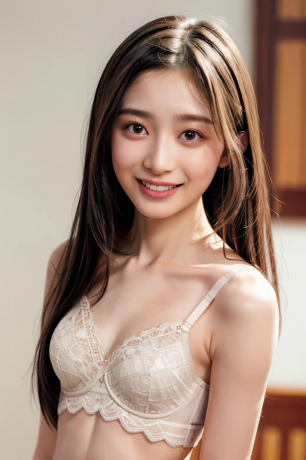 (realistic, photo-realistic:1.4), (best quality,masterpiece:1.2), RAW photo,high resolution,intricate details, extremely detailed, insanely detailed, soft light, cinematic lighting, (portrait, upper body, frontal photography:1.5), solo,1girl, a 19yo female idol, (lace bra, panties, collarbone, navel:1.8), (smaller breasts, tiny breasts, flat chest, poor size bust:1.7), (smaller face:1.4),detailed face, beautiful detailed eyes, pale skin, fine-textured skin,dark hair,(straight hair, forehead:1.3), (cheerful grin, smile, parted lips), photo background,indoors,depth of field,,[Nagi Inoue, Nogizaka46 5th generation],