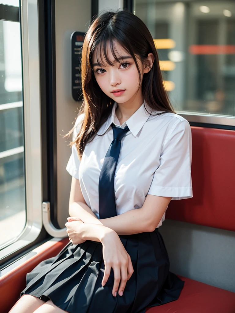 (Tabletop, Highest quality:1.2), 8K, 15-year-old student, 85mm, Official Art, RAW Photos, Absurd, White dress shirt, Pretty face, close, Upper Body, Violet, Gardenias, beautiful girl, , (Navy Pleated Skirt:1.1), Cinch waist, Thighs Thighs Thighs Thighs, Short sleeve, in the train, sit on bench seat, View your viewers, No makeup, (smile:0.4), Film Grain, chromatic aberration, Sharp focus, Face Light, Bright lighting, , Detailed face, Bokeh Background, (Dark red tie:1.1)