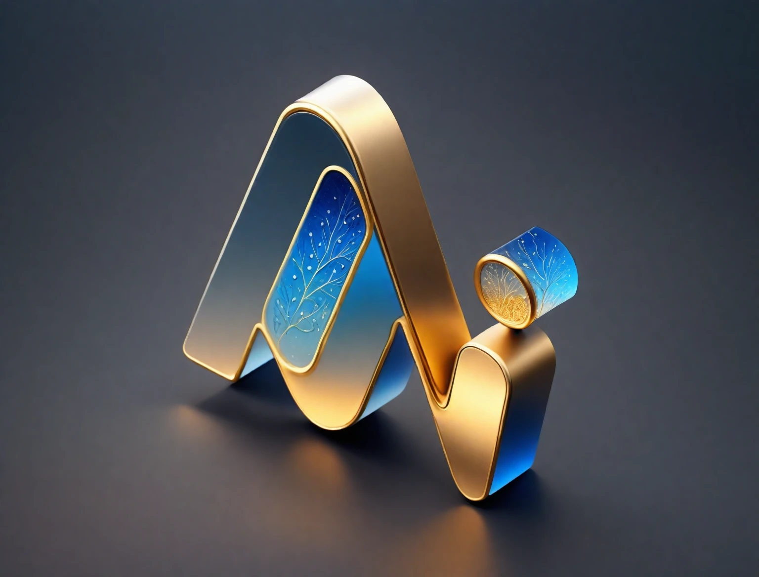 Micro landscape design carved from a piece of stone，Translucent glass material,Metal，Blue-white gradient,gold,detail，HD,3d，Stone base