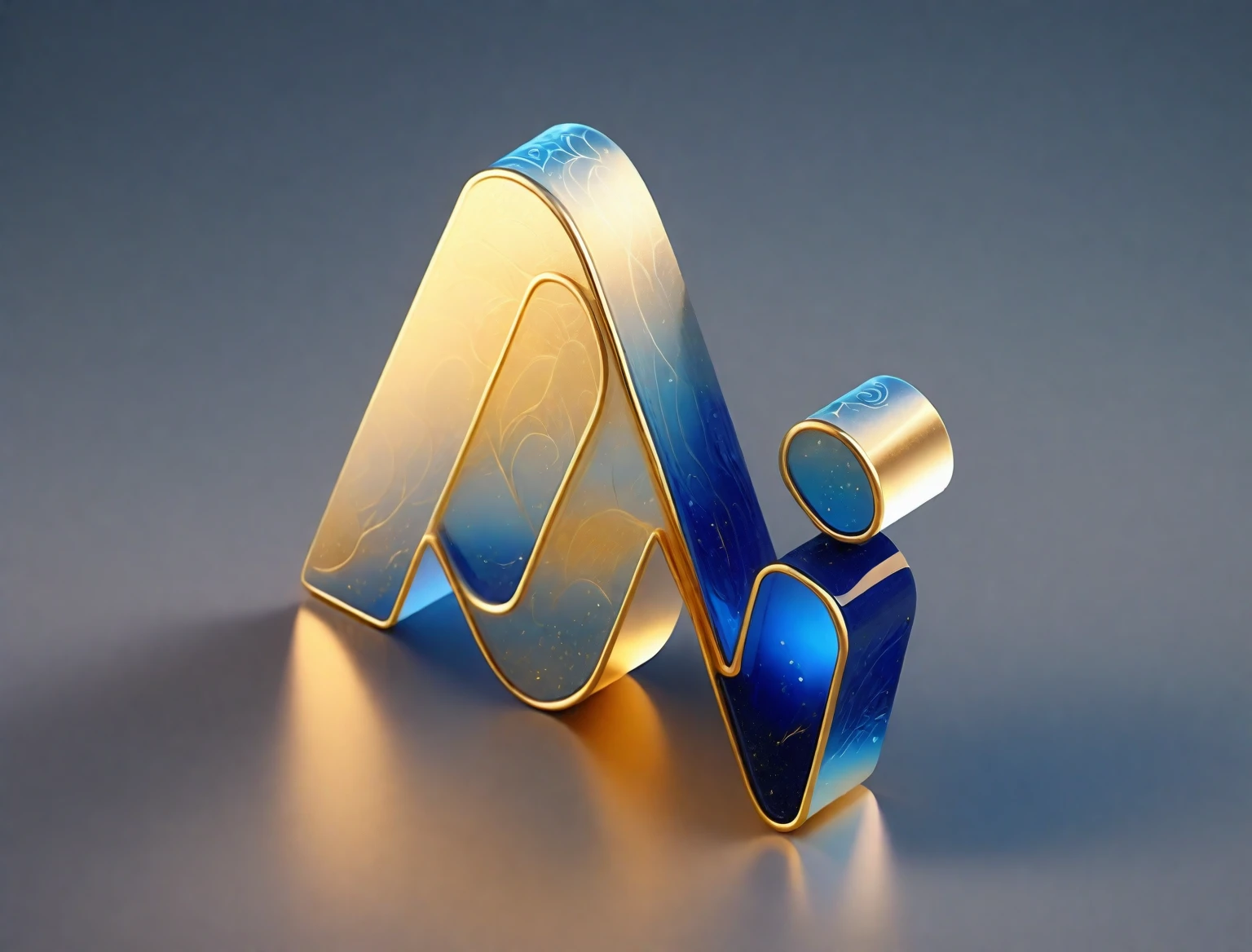Micro landscape design carved from a piece of stone，Translucent glass material,Metal，Blue-white gradient,gold,detail，HD,3d，Stone base