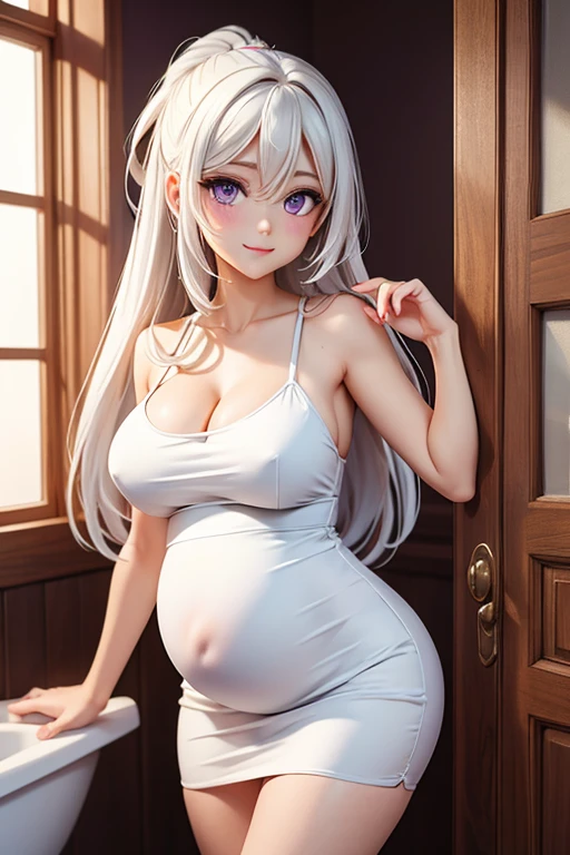 ((best quality)), ((Masterpiece)), (details), old maid, My hair started turning white....,  purple eyes, Still beautiful, Youthful look, Age 60, big breasts, No dress on.., seductive pose, pregnant,bathroom, Have a smile,