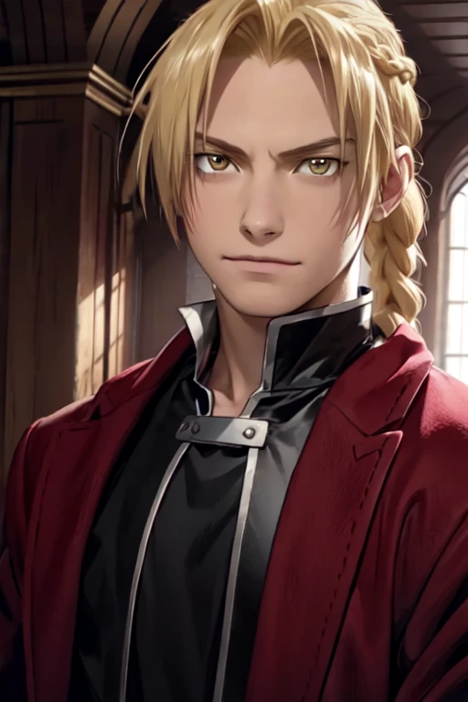 masterpiece, best quality, wallpaper, 1boy, solo, male focus, looking at viewer, realistic, [[edward_elric|blonde ikemen]:edward_elric:16]blonde hair, yellow eyes, braid, single braid, braided ponytail, single mechanical arm, 32k resolution, (upper body:1.5), black clothes, red coat
BREAK
edward_elric 