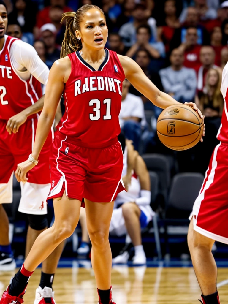 Jennifer Lopez, playing basketball, wearing Wear sexy red basketball clothes