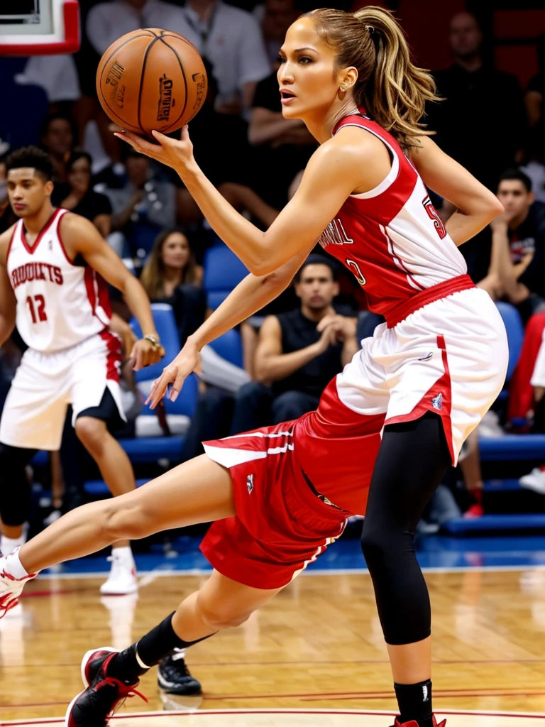 Jennifer Lopez, playing basketball, wearing Wear sexy red basketball clothes