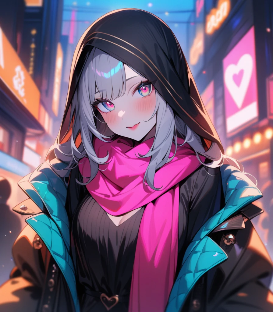  Orange 57 masterpiece, girl (( Highly detailed, high resolution, best quality )) Scarf, hijab, black dress, neon cyan coat, breathtaking, elegant, rosy cheeks, reddish lips, crystal eyes, bright lights, bright peach neon heart