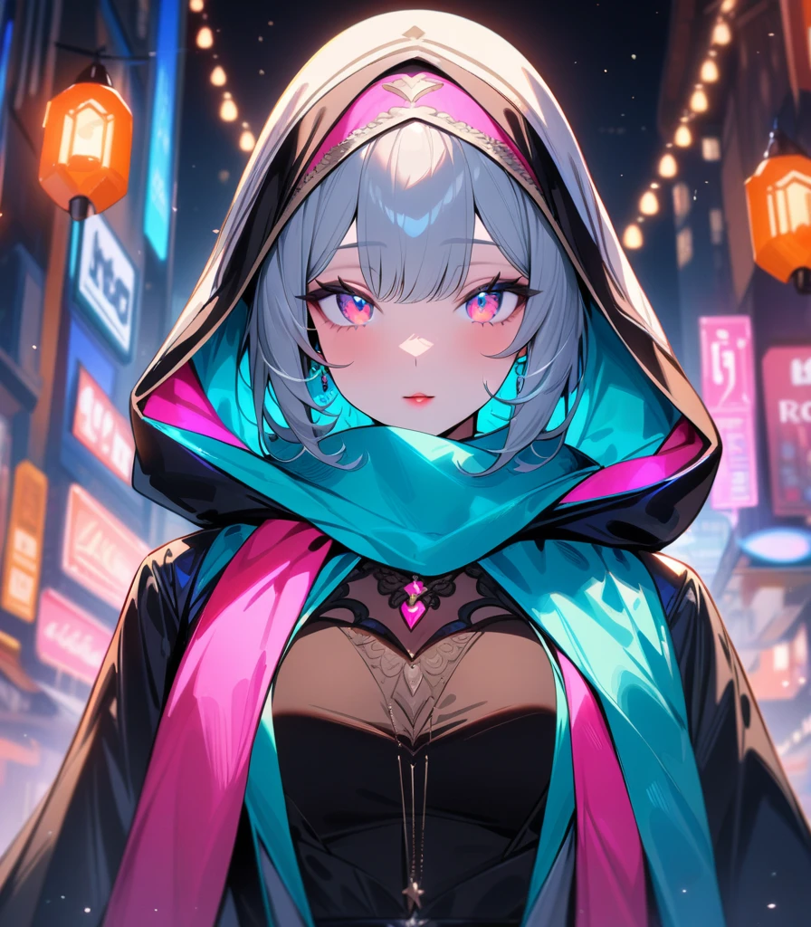 Orange 57 masterpiece, girl (( Highly detailed, high resolution, best quality )) Scarf, hijab, black dress, neon cyan coat, breathtaking, elegant, rosy cheeks, reddish lips, crystal eyes, bright lights, bright peach neon heart