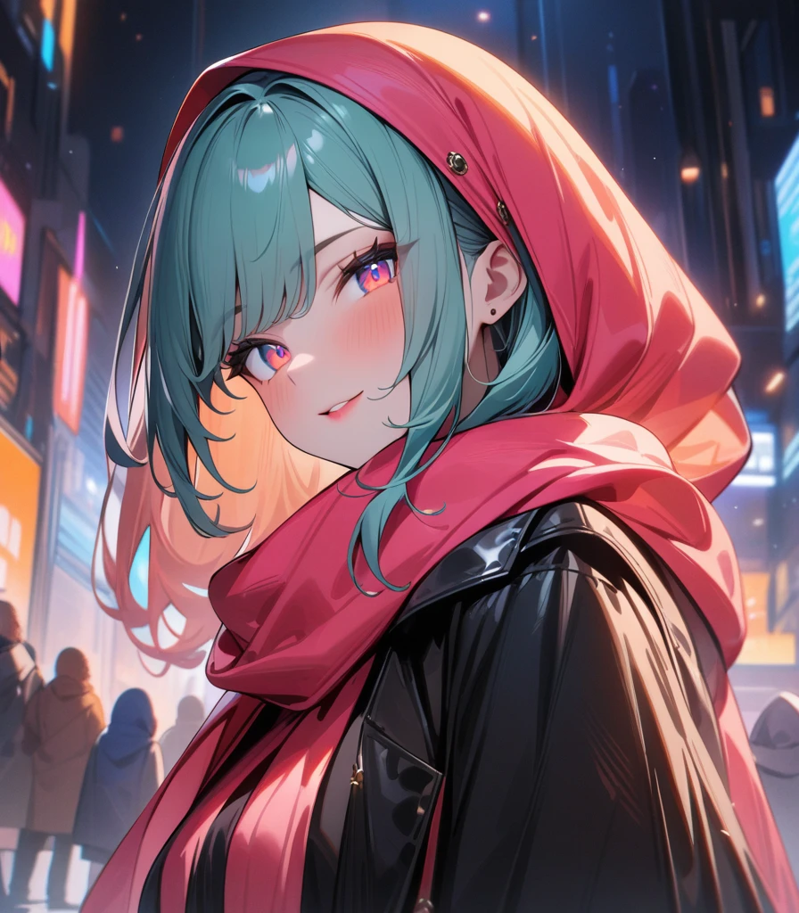Orange 57 masterpiece, girl (( Highly detailed, high resolution, best quality )) Scarf, hijab, black dress, neon cyan coat, breathtaking, elegant, rosy cheeks, reddish lips, crystal eyes, bright lights, bright peach neon heart