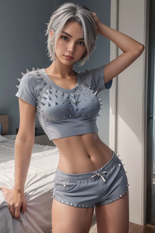 16 Nights Sakiya)), , Cosplay, 20-year-old woman, (((gray hair)), ((medium spiky hair)), ((blue small outfit)), ((white shorts )), midchest, sexe hot,(light)))), (pose))), (photorealistic photo: 1.3), rim lighting, (high detail skin:1.2), 8K UHD, dslr, high quality, high resolution, 4K, 8K, Absurdity, (Real:1.3), Cutest and sexe Girl