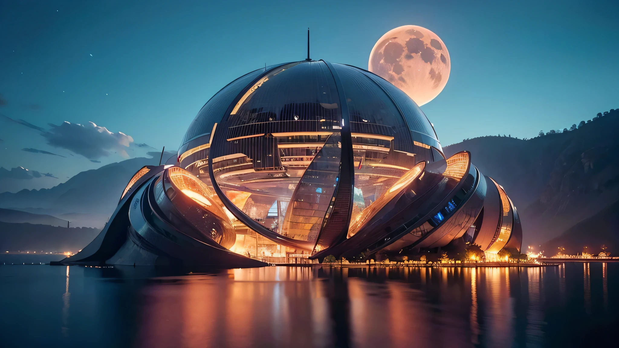 cinematic dramatic fantasy landscape, Lunar eclipse, futuristic sci-fi cityscape, dramatic lighting, vibrant colors, intricate detailed architecture, advanced technology, floating islands, (best quality,4k,8k,highres,masterpiece:1.2),ultra-detailed,(realistic,photorealistic,photo-realistic:1.37),concept art,digital painting,octane render