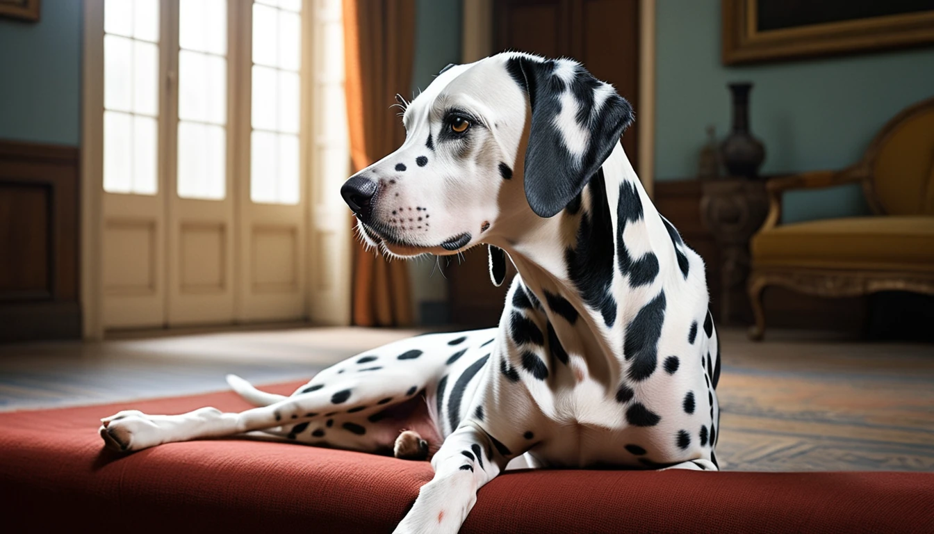 There is no one, realistic photo, photo realism, realism, dalmatian (Dalmatian), perfect composition, intricate details, Very sharp, masterpiece, profile, high resolution, looking at the viewer, Full body photo in a comfortable atmosphere indoors