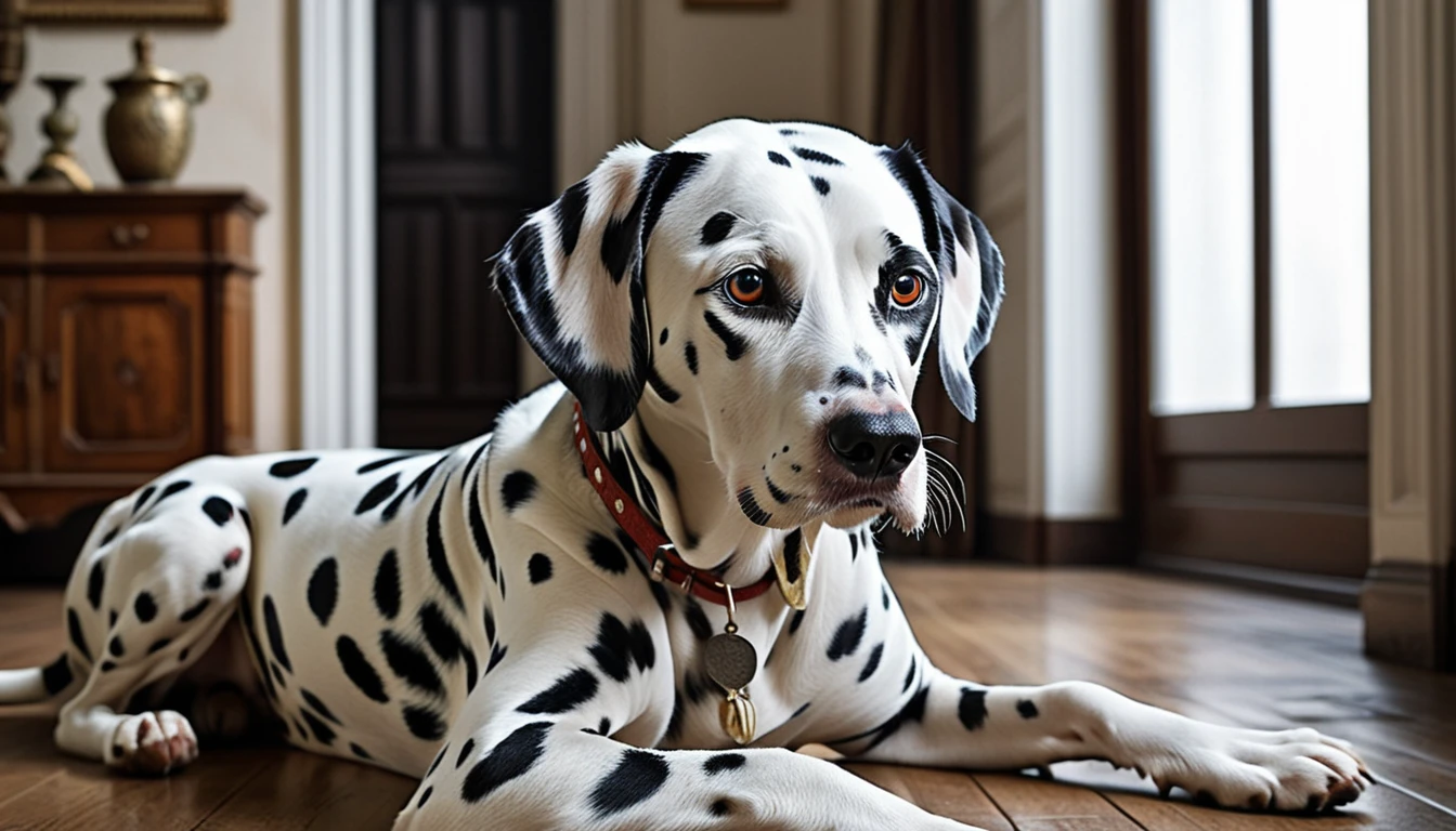 There is no one, realistic photo, photo realism, realism, dalmatian (Dalmatian), perfect composition, intricate details, Very sharp, masterpiece, profile, high resolution, looking at the viewer, Full body photo in a comfortable atmosphere indoors