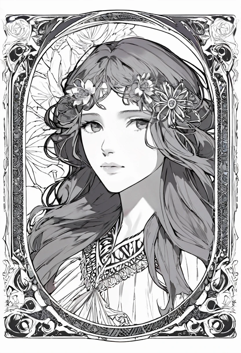a white and black European women's face portrait with a white background, long curly hair, floral frame, decorative panel, abstract Art by Alphonse Mucha, sketch, character lines and scenes without colors and shadows. Detailed, Intricate Details, line art, Fibonacci