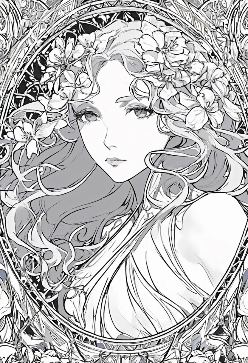 a white and black European women's face portrait with a white background, long curly hair, floral frame, decorative panel, abstract Art by Alphonse Mucha, sketch, character lines and scenes without colors and shadows. Detailed, Intricate Details, line art, Fibonacci