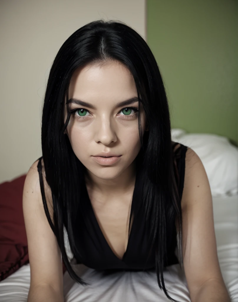 (POV, kissing), from above, 1 girl, Alone, One focus, facing the viewer, kissing viewer, eyes open, (detailed lips), lips, big lips, Bedroom, Bedroom background, Soft light, Shelob, pale skin, long black hair, green eyes, wearing black dress, huge breast cleavage