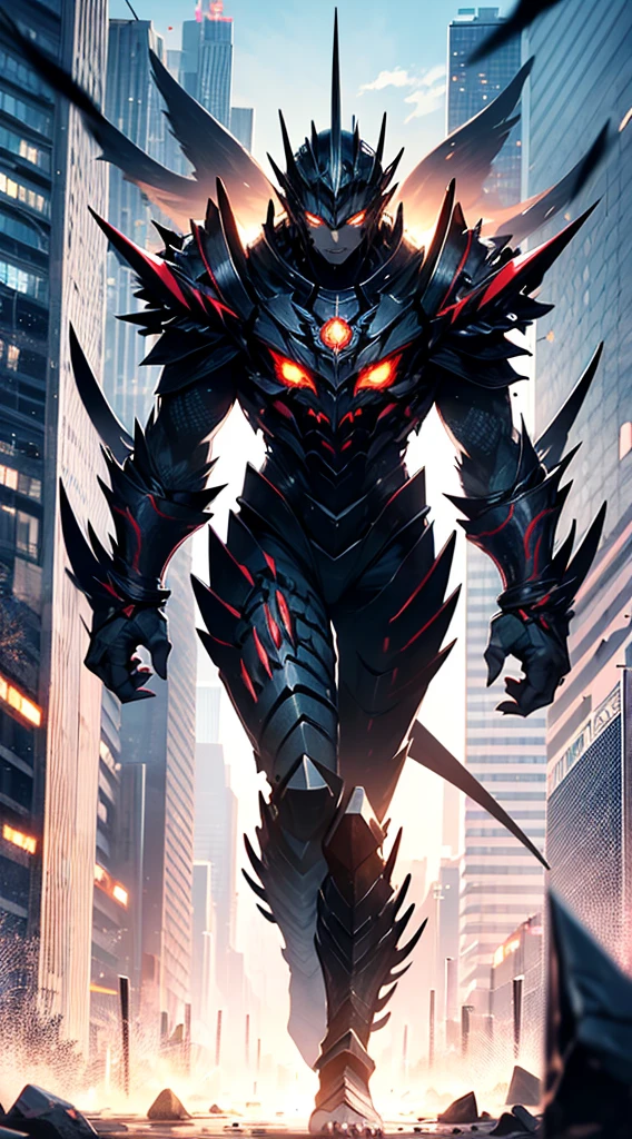 Original Kaiju armor form of a human, sharp, obsidian-like plates that overlap like armor, Elongated and somewhat reptilian head, with a pronounced crest of jagged obsidian spikes running from the forehead to the back of the neck. Four glowing, amber eyes are set deep in the skulls, arms with massive claws and blades, feet have three large, taloned toes, A long, whip-like tail ending in a mace-like cluster of obsidian spike, orange lines and aura in between armor. HD. city background destroyed