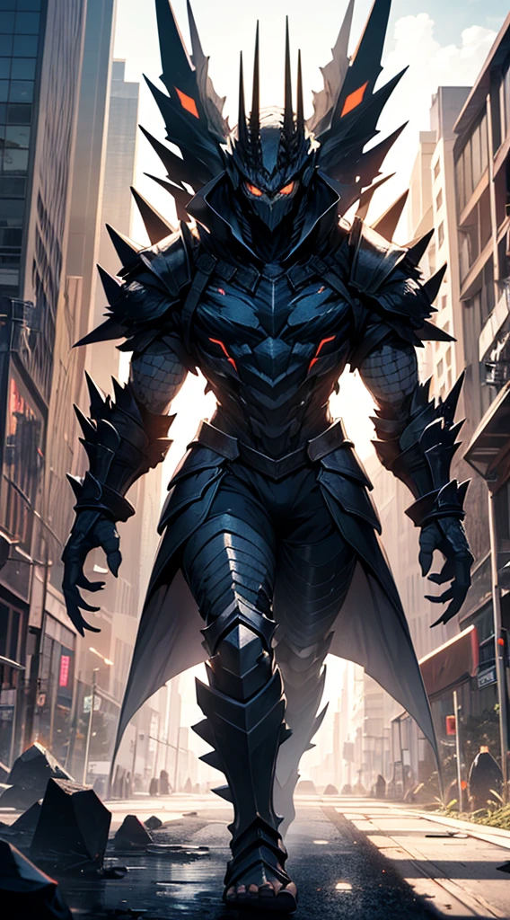 Original Kaiju armor form of a human, sharp, obsidian-like plates that overlap like armor, Elongated and somewhat reptilian head, with a pronounced crest of jagged obsidian spikes running from the forehead to the back of the neck. Four glowing, amber eyes are set deep in the skulls, arms with massive claws and blades, feet have three large, taloned toes, A long, whip-like tail ending in a mace-like cluster of obsidian spike, orange lines and aura in between armor. HD. city background destroyed
