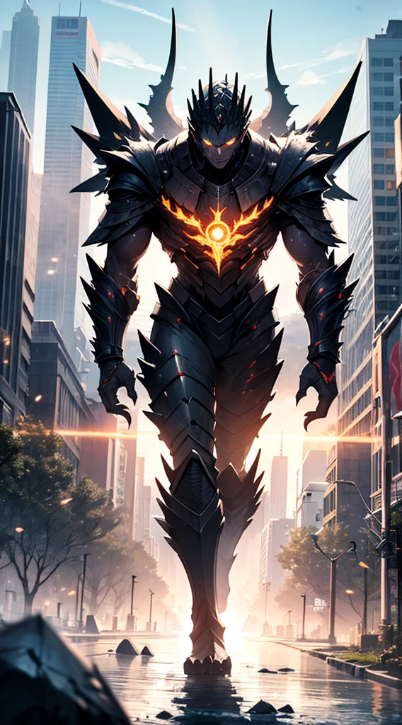Original Kaiju armor form of a human, sharp, obsidian-like plates that overlap like armor, Elongated and somewhat reptilian head, with a pronounced crest of jagged obsidian spikes running from the forehead to the back of the neck. Four glowing, amber eyes are set deep in the skulls, arms with massive claws and blades, feet have three large, taloned toes, A long, whip-like tail ending in a mace-like cluster of obsidian spike, orange lines and aura in between armor. HD. city background destroyed