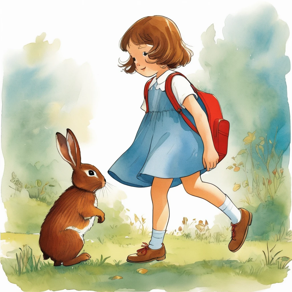 Llustration of Emma, a curious with chestnut short bobbed hair, dressed in a simple blue dress, brown shoes, and a red backpack, at this time, she saw a little rabbit, very cute,Children's books, Children's RedmAF,