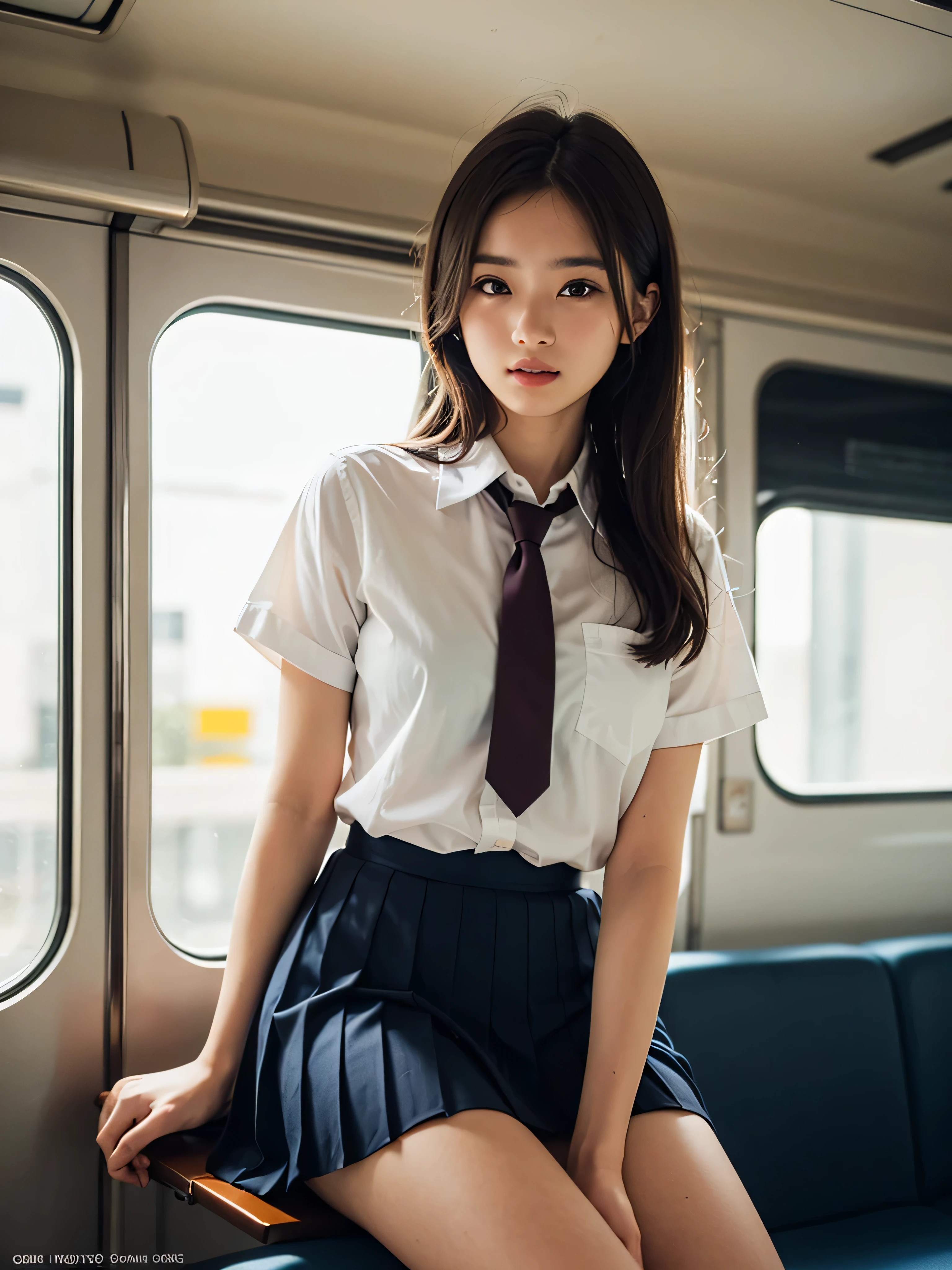 (Tabletop, Highest quality:1.2), 8K, 15-year-old student, 85mm, Official Art, RAW Photos, Absurd, White dress shirt, Pretty face, close, Upper Body, Violet, Gardenias, beautiful girl, , (Navy Pleated Skirt:1.1), Cinch waist, Thighs Thighs Thighs Thighs, Short sleeve, in the train, sit on bench seat, View your viewers, No makeup, (smile:0.4), Film Grain, chromatic aberration, Sharp focus, Face Light, Bright lighting, Teen, Detailed face, Bokeh Background, (Dark red tie:1.1)